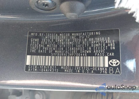 2017 Toyota Corolla L/Le/Xle/Se/Xse from USA, damaged, VIN 5YFBURHE3HP706446